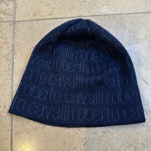 Authentic Roberto Cavalli Hologram Wool Blend Beanie Hat, blue, silver sparkles